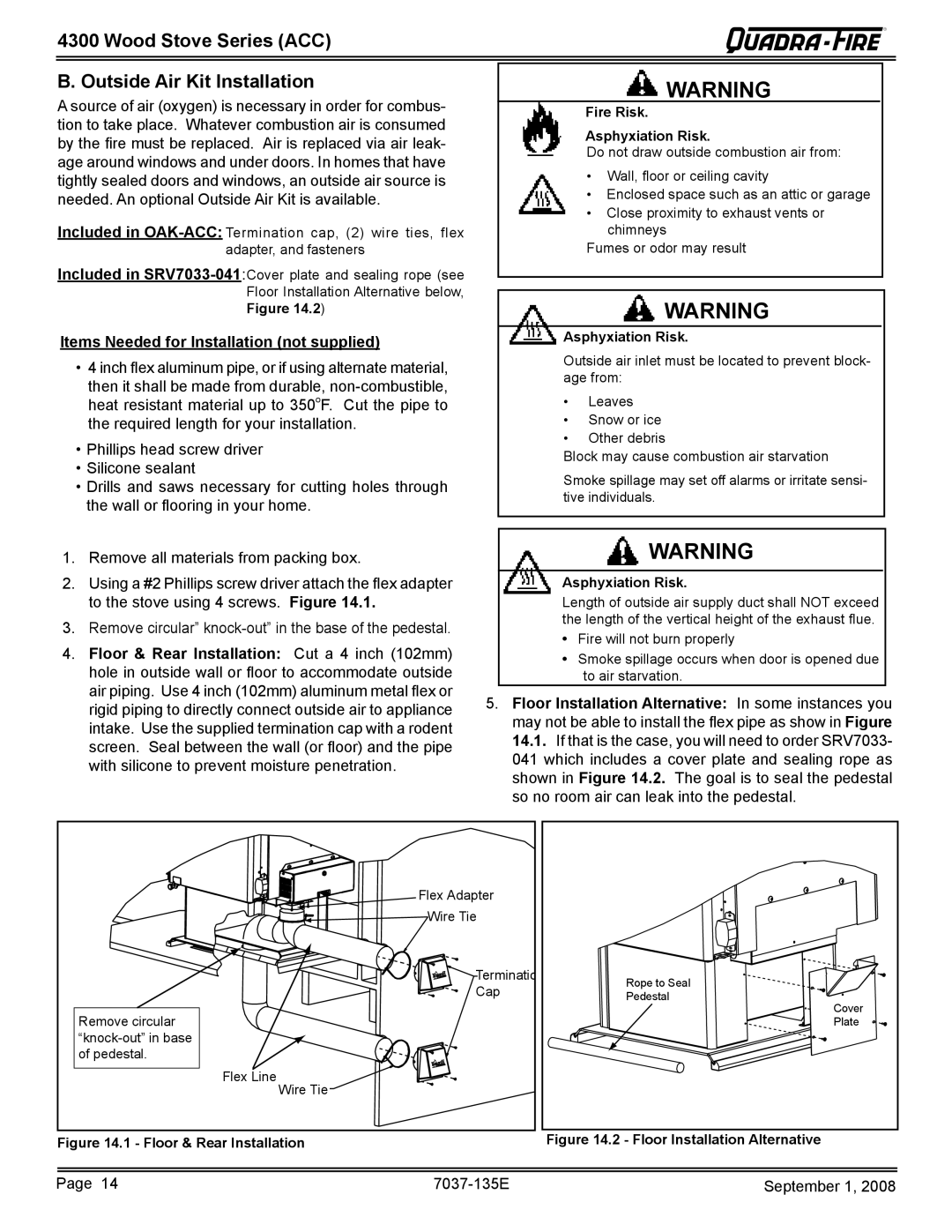 Hearth and Home Technologies 43M-ACC-MBK Wood Stove Series ACC Outside Air Kit Installation, Fire Risk Asphyxiation Risk 