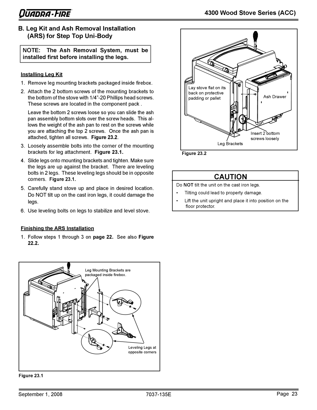 Hearth and Home Technologies 43ST-ACC, 43M-ACC-MBK warranty Installing Leg Kit, Corners. Figure 