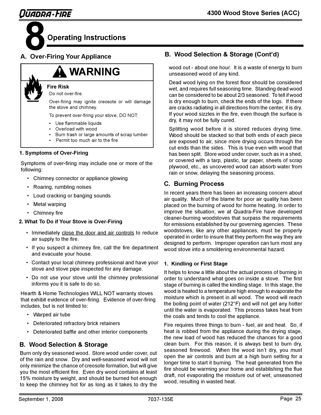 Hearth and Home Technologies 43ST-ACC Operating Instructions, Over-Firing Your Appliance Wood Selection & Storage Cont’d 