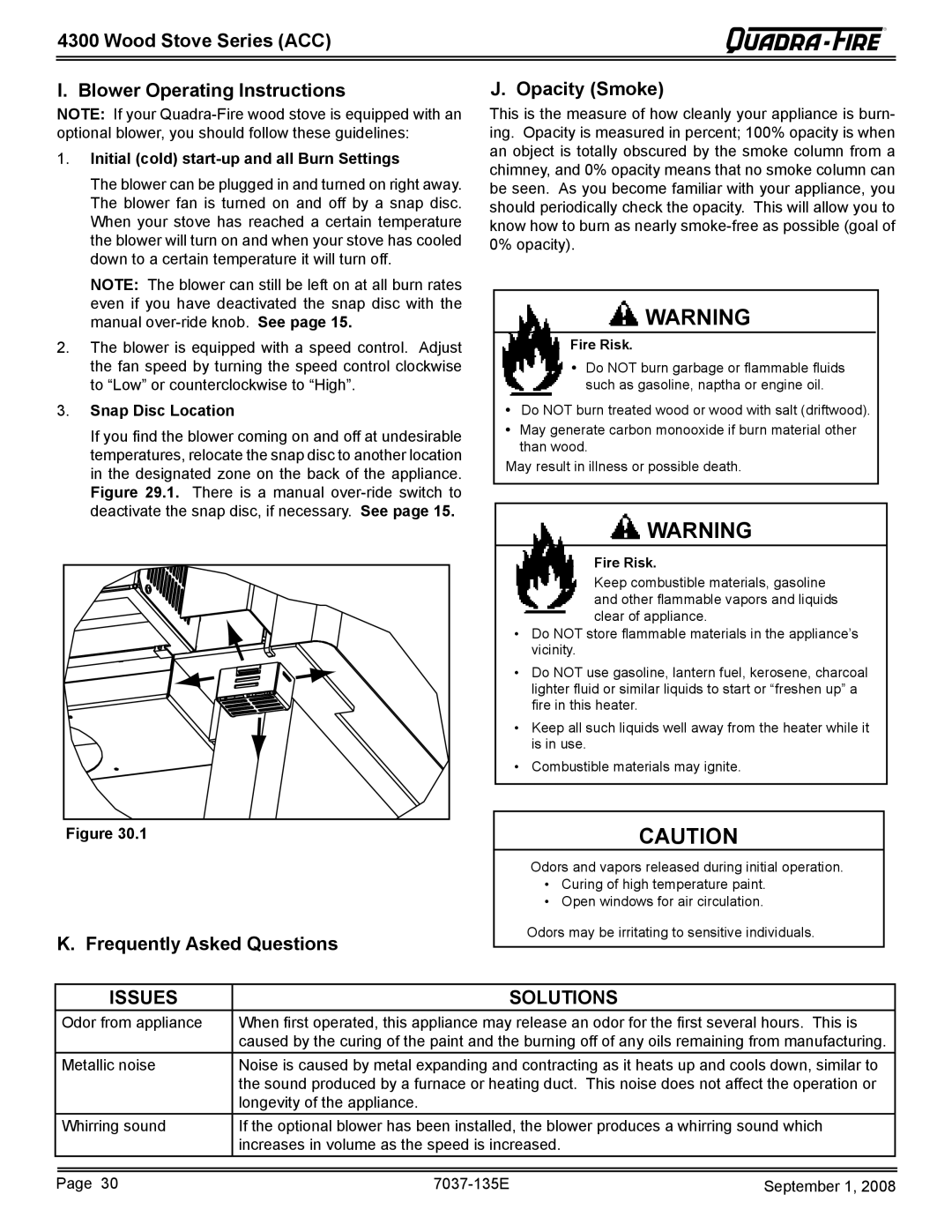 Hearth and Home Technologies 43M-ACC-MBK, 43ST-ACC Wood Stove Series ACC Blower Operating Instructions, Snap Disc Location 