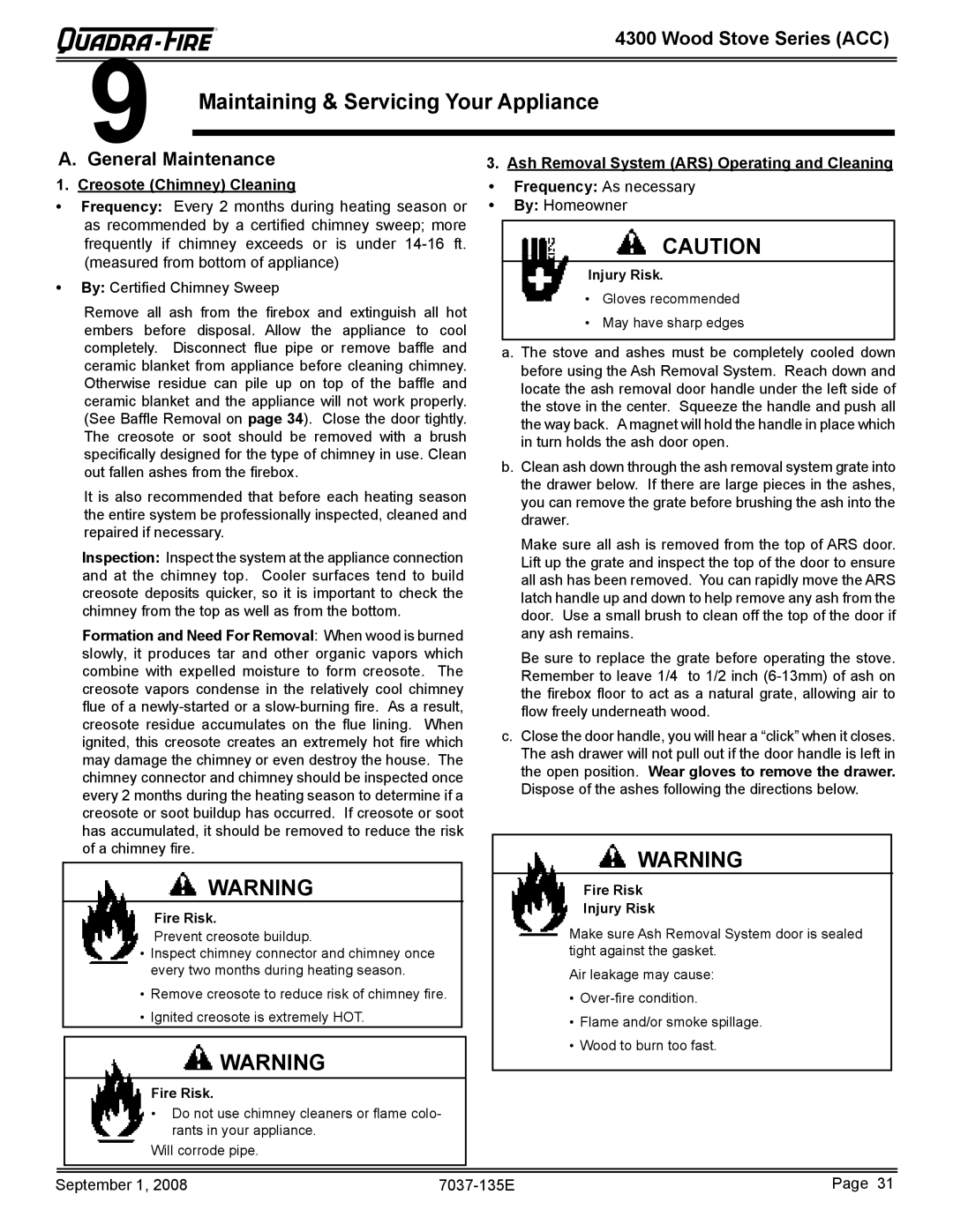 Hearth and Home Technologies 43ST-ACC, 43M-ACC-MBK warranty Maintaining & Servicing Your Appliance, General Maintenance 