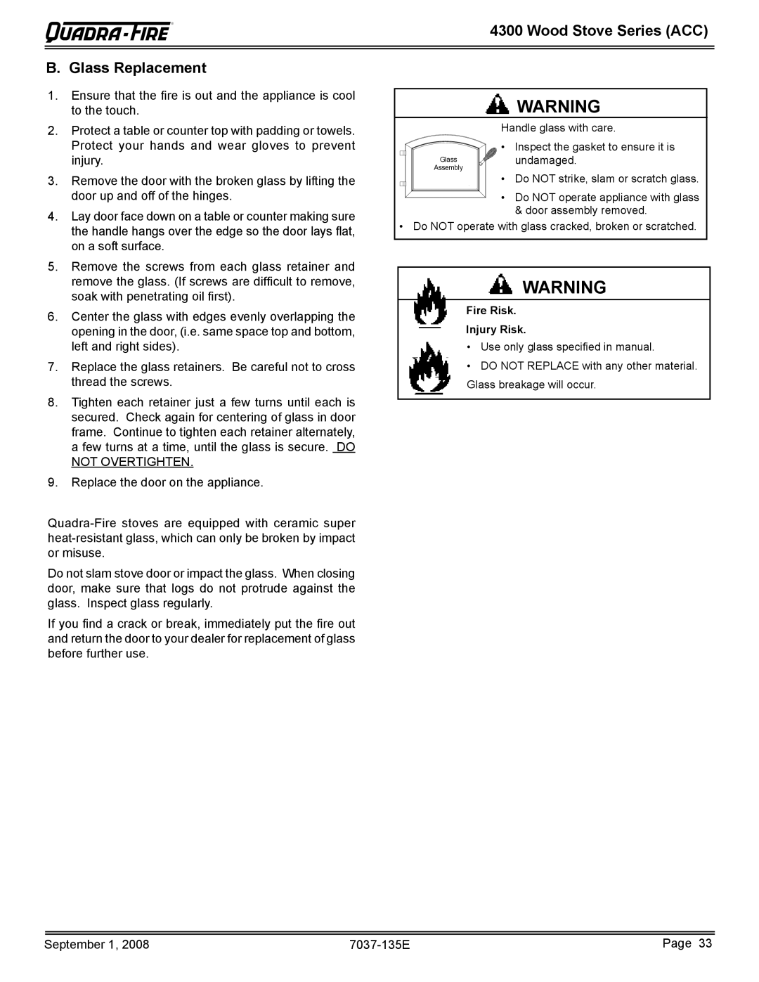 Hearth and Home Technologies 43ST-ACC, 43M-ACC-MBK warranty Wood Stove Series ACC Glass Replacement 