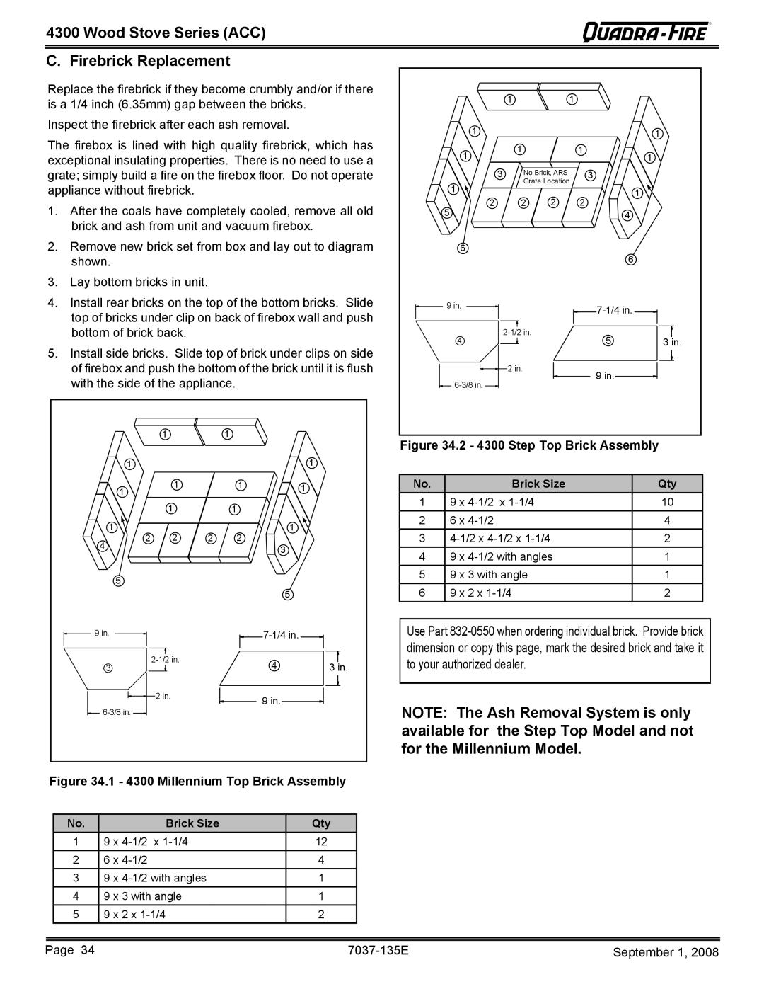 Hearth and Home Technologies 43M-ACC-MBK, 43ST-ACC Wood Stove Series ACC Firebrick Replacement, For the Millennium Model 