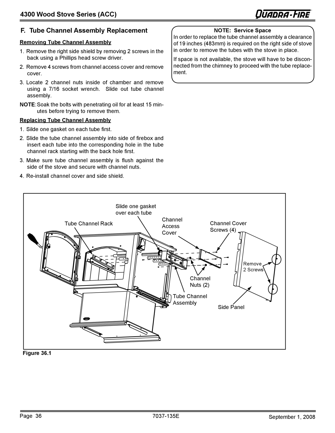 Hearth and Home Technologies 43M-ACC-MBK, 43ST-ACC warranty Wood Stove Series ACC Tube Channel Assembly Replacement 