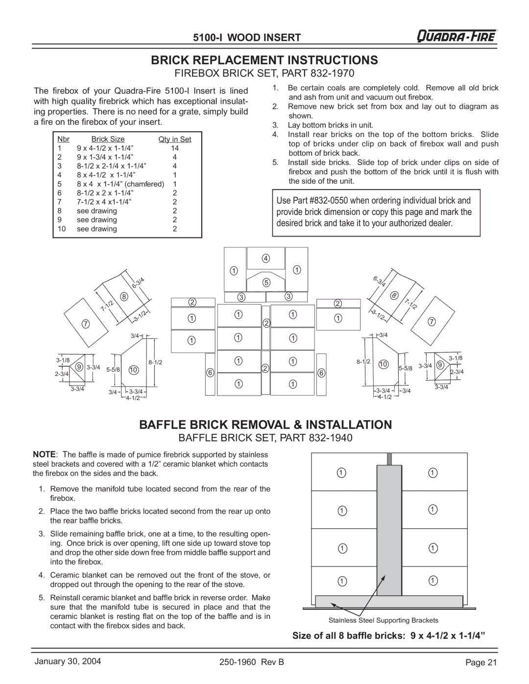 Hearth and Home Technologies 5100-I Brick Replacement Instructions, Baffle Brick Removal & Installation 