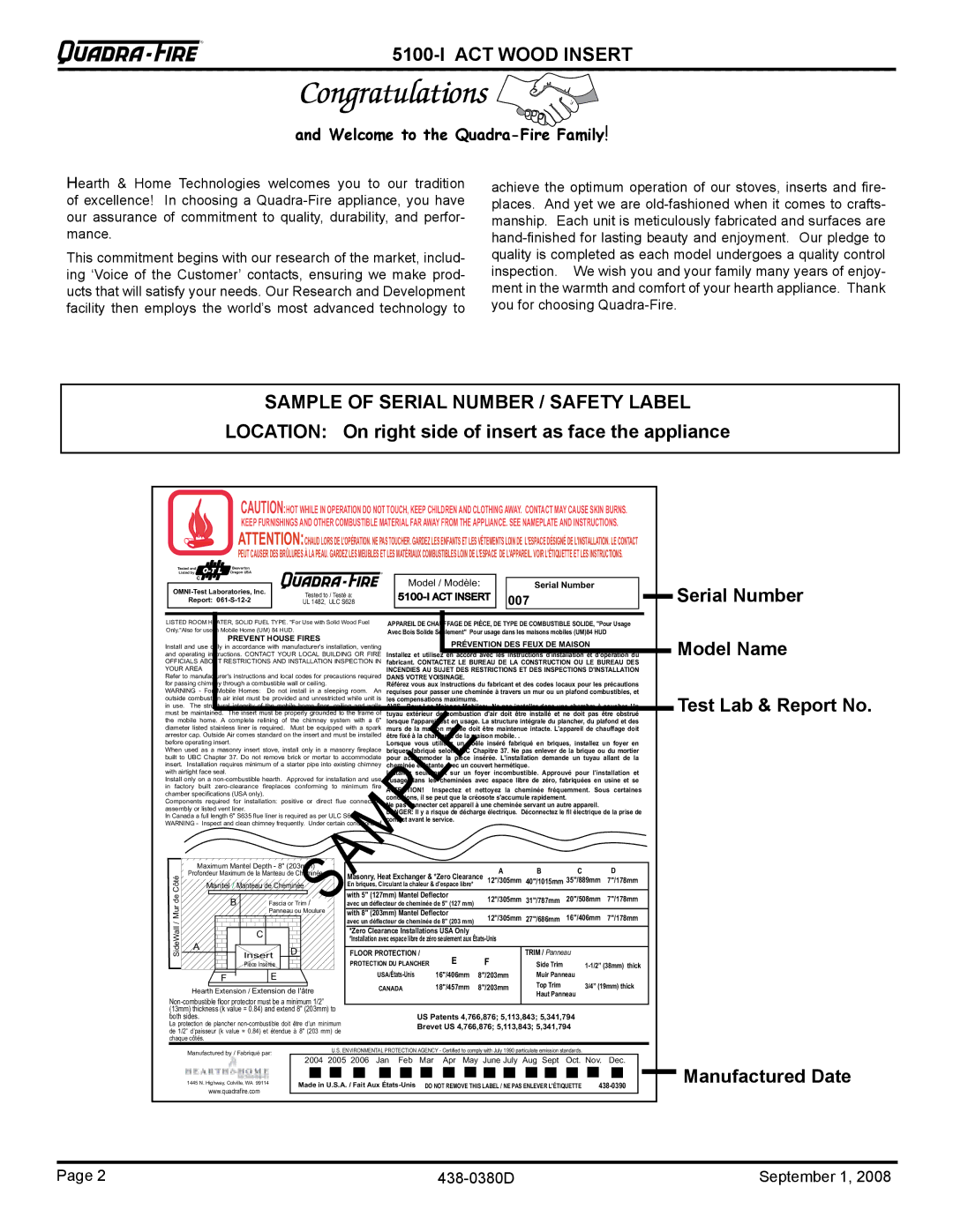 Hearth and Home Technologies 5100I-GD-B Location On right side of insert as face the appliance, Serial Number, Model Name 