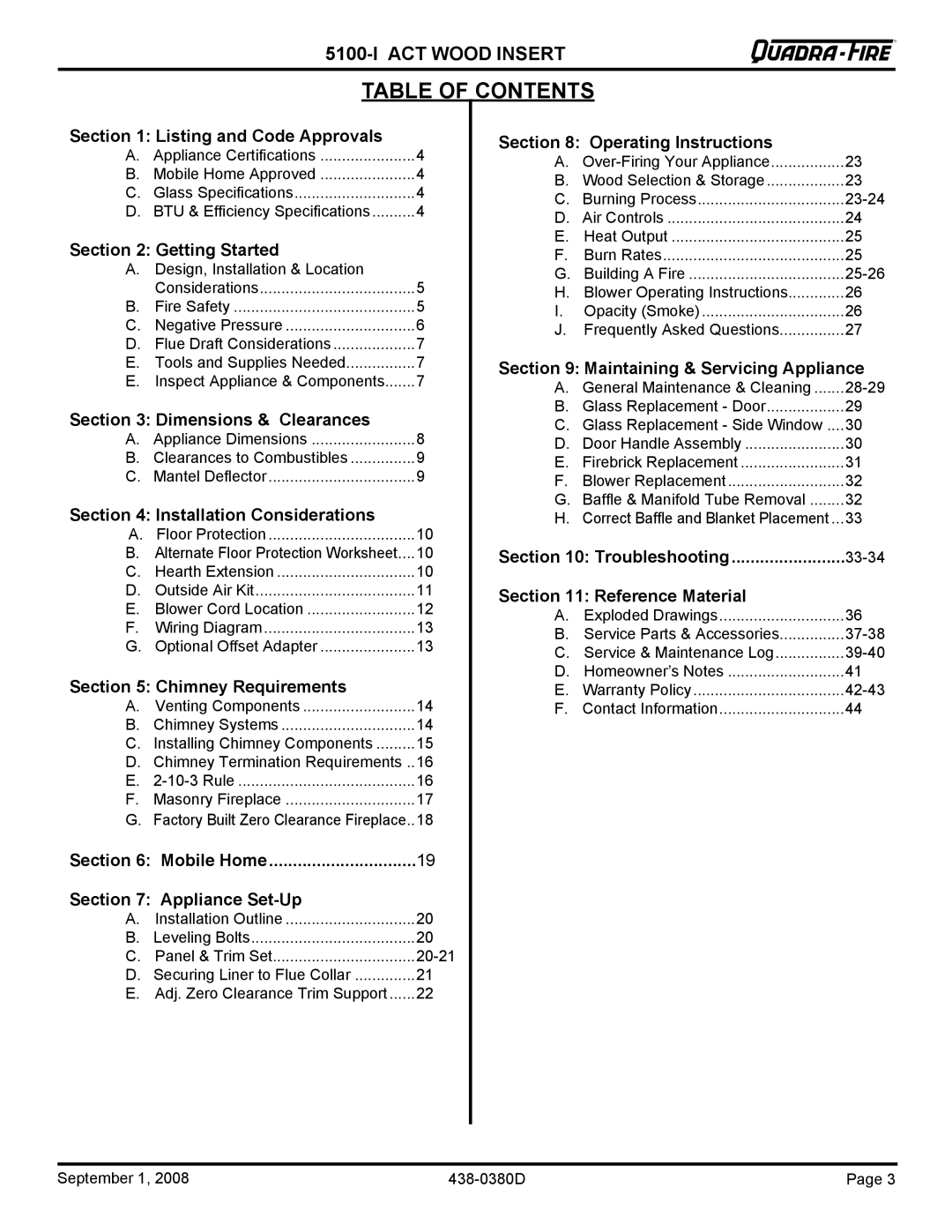 Hearth and Home Technologies 5100I-NL-B, 5100I-GD-B warranty Table of Contents 