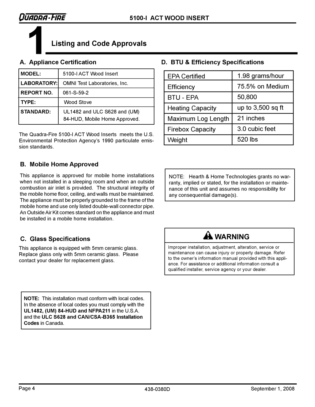 Hearth and Home Technologies 5100I-GD-B warranty 1Listing and Code Approvals, Appliance Certification, Glass Specifications 