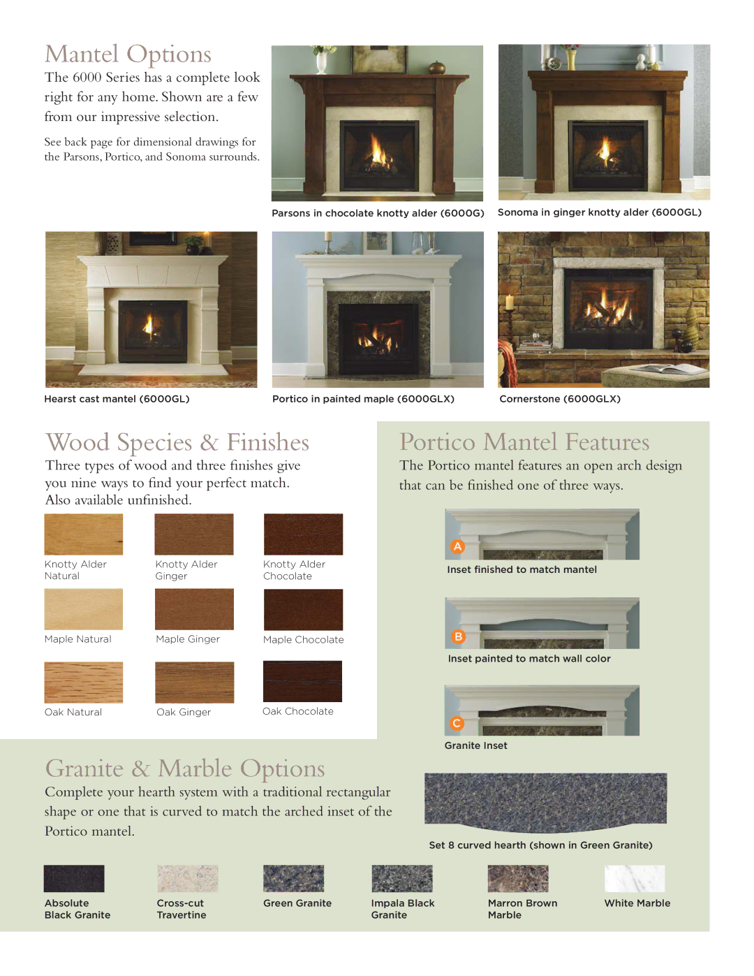 Hearth and Home Technologies 6000 Series manual Mantel Options, Wood Species & Finishes, Granite & Marble Options 