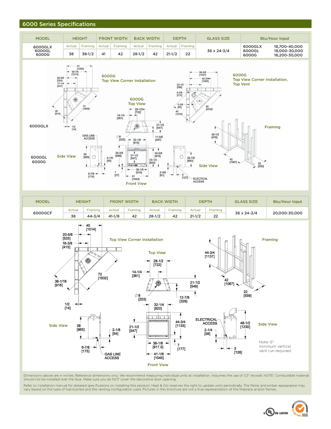 Hearth and Home Technologies 6000 Series manual Series Specifications 