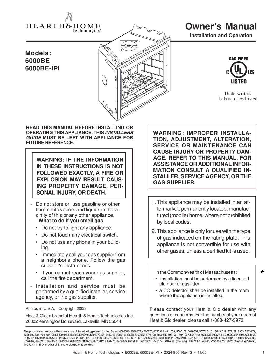 Hearth and Home Technologies 6000BE owner manual Installation and Operation, What to do if you smell gas 