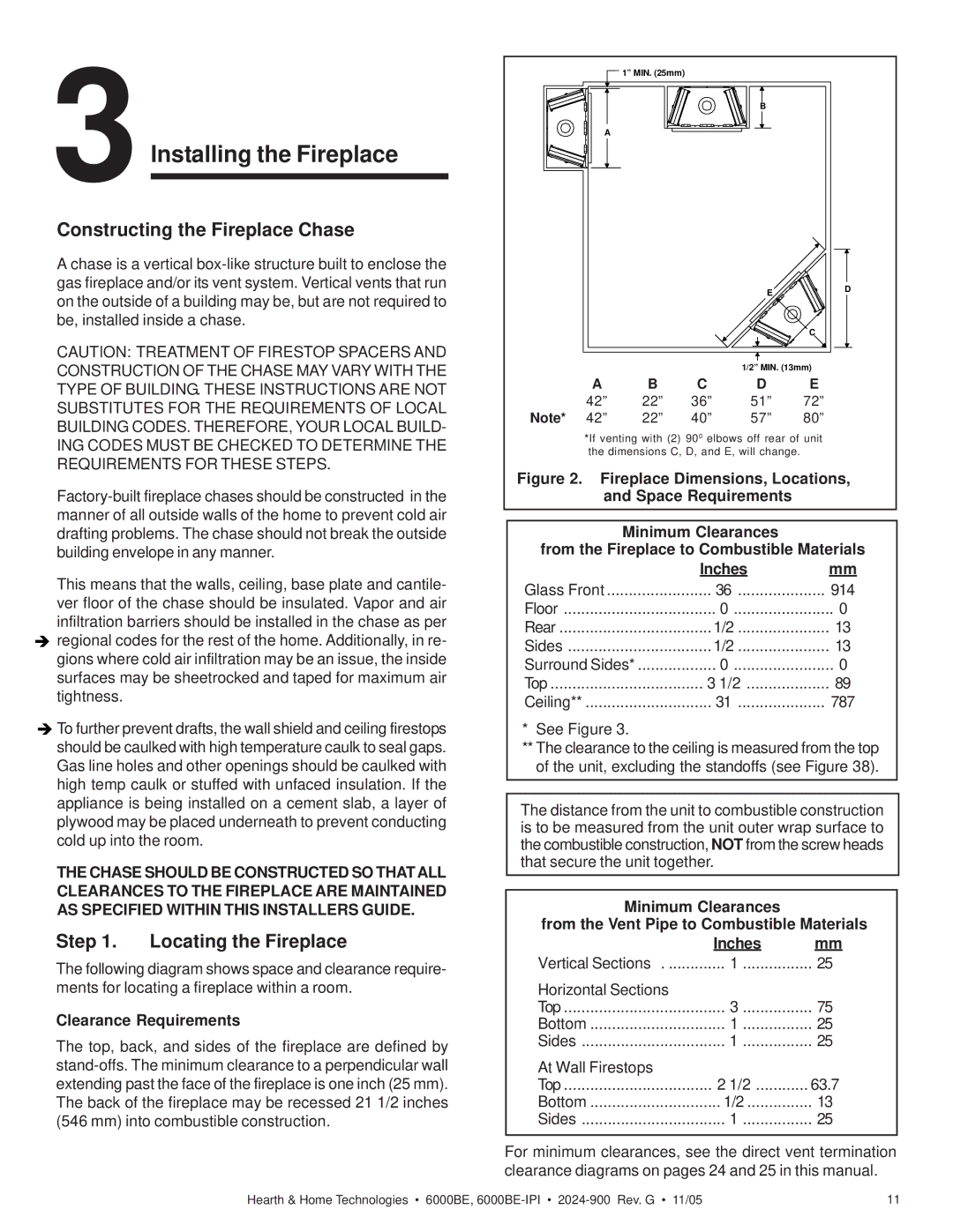 Hearth and Home Technologies 6000BE Constructing the Fireplace Chase, Locating the Fireplace, Clearance Requirements 