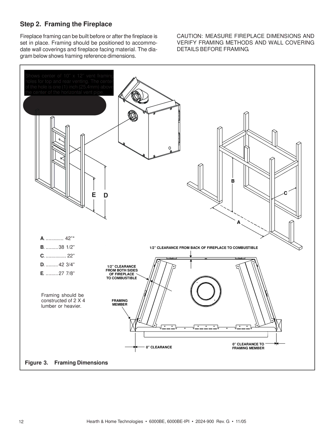 Hearth and Home Technologies 6000BE owner manual Framing the Fireplace, Framing Dimensions 