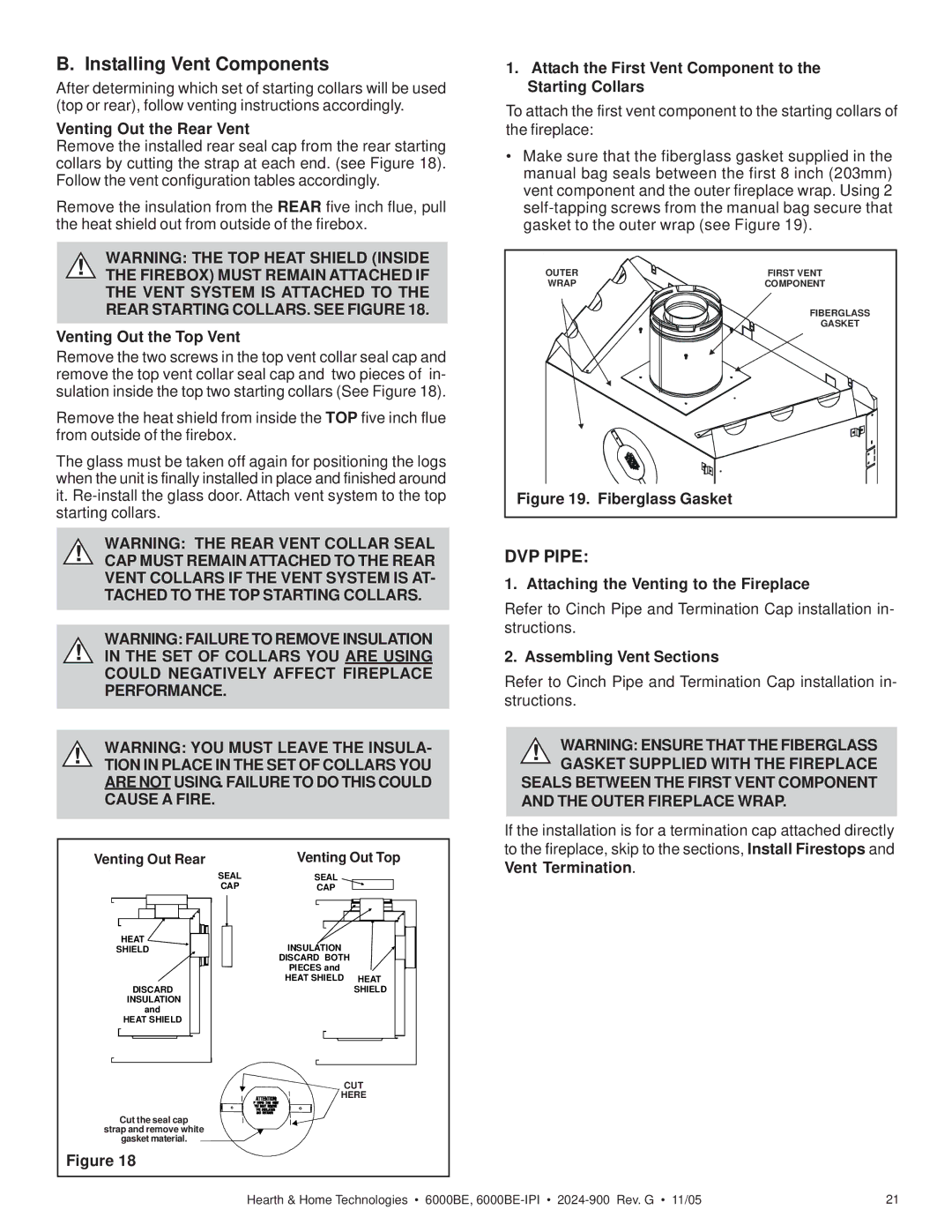 Hearth and Home Technologies 6000BE owner manual Installing Vent Components 