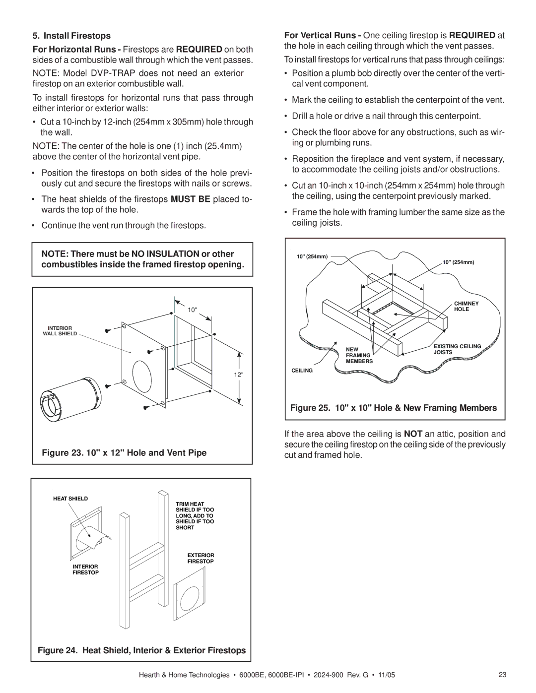 Hearth and Home Technologies 6000BE owner manual Hole and Vent Pipe 