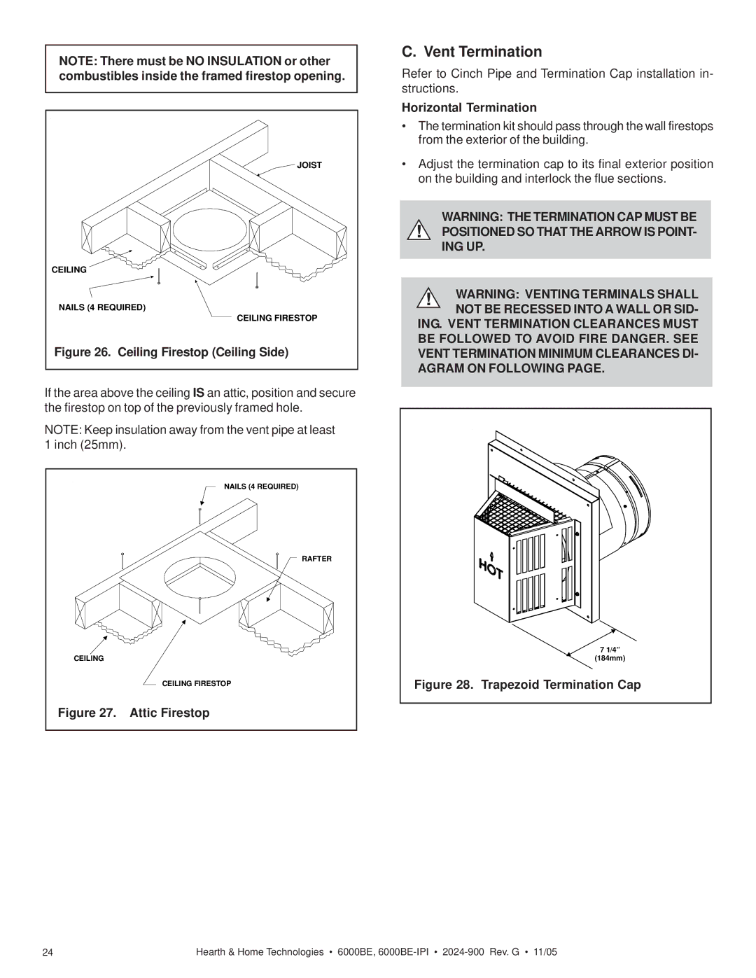 Hearth and Home Technologies 6000BE owner manual Vent Termination, Attic Firestop, Horizontal Termination 