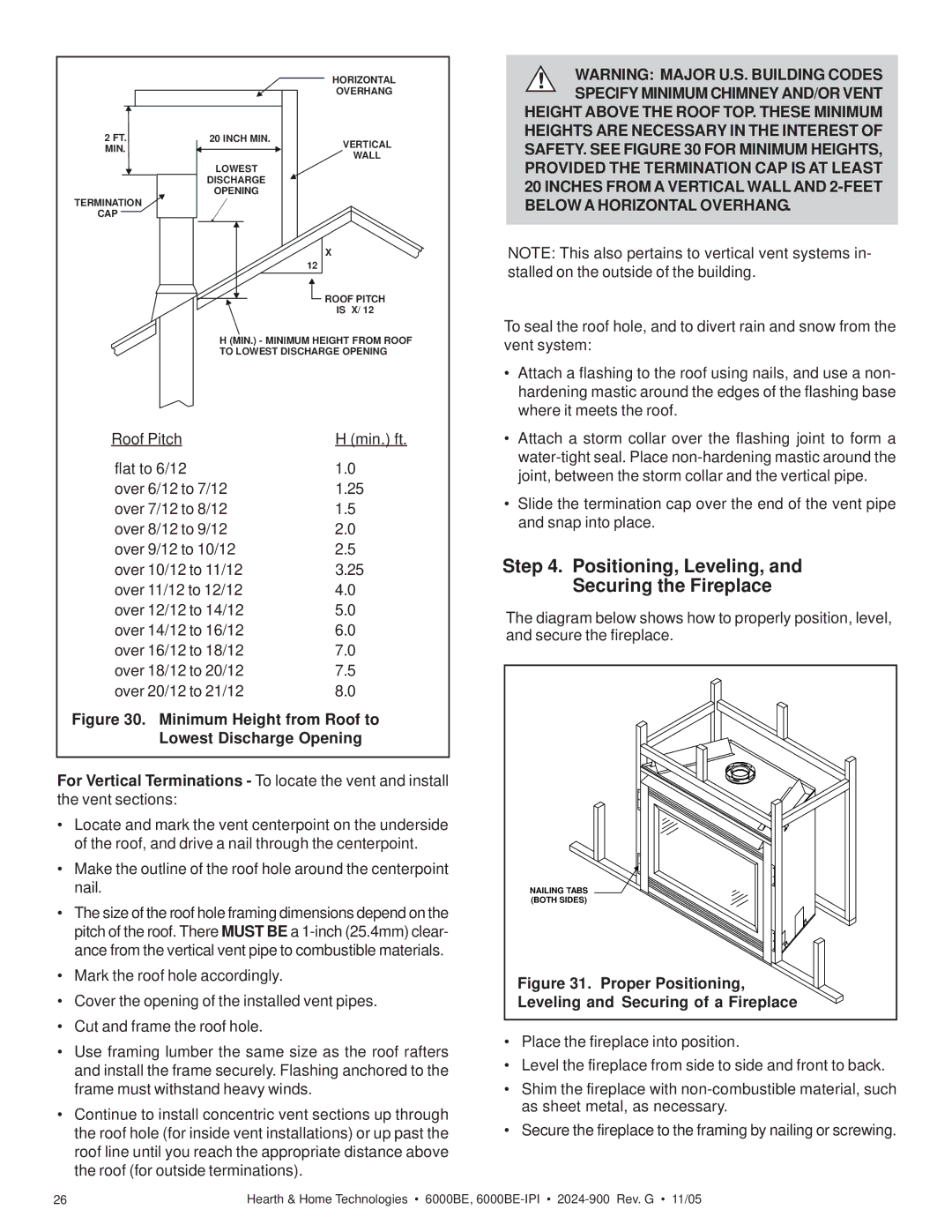 Hearth and Home Technologies 6000BE owner manual Positioning, Leveling, and Securing the Fireplace 