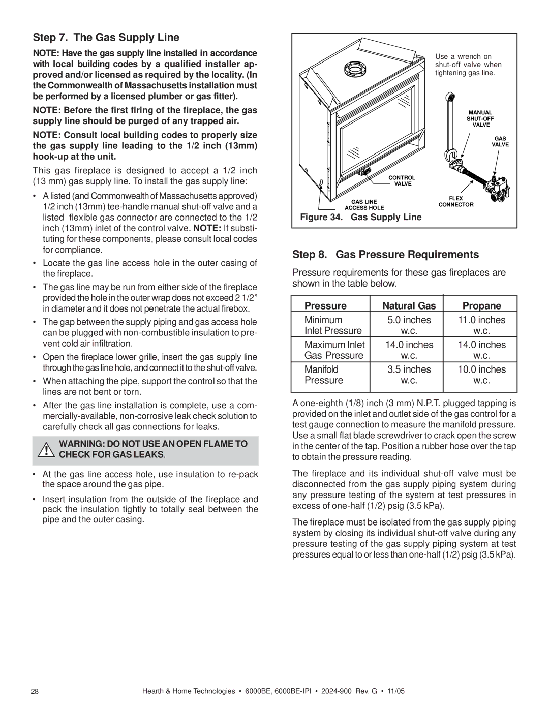 Hearth and Home Technologies 6000BE owner manual Gas Supply Line, Gas Pressure Requirements, Pressure Natural Gas Propane 