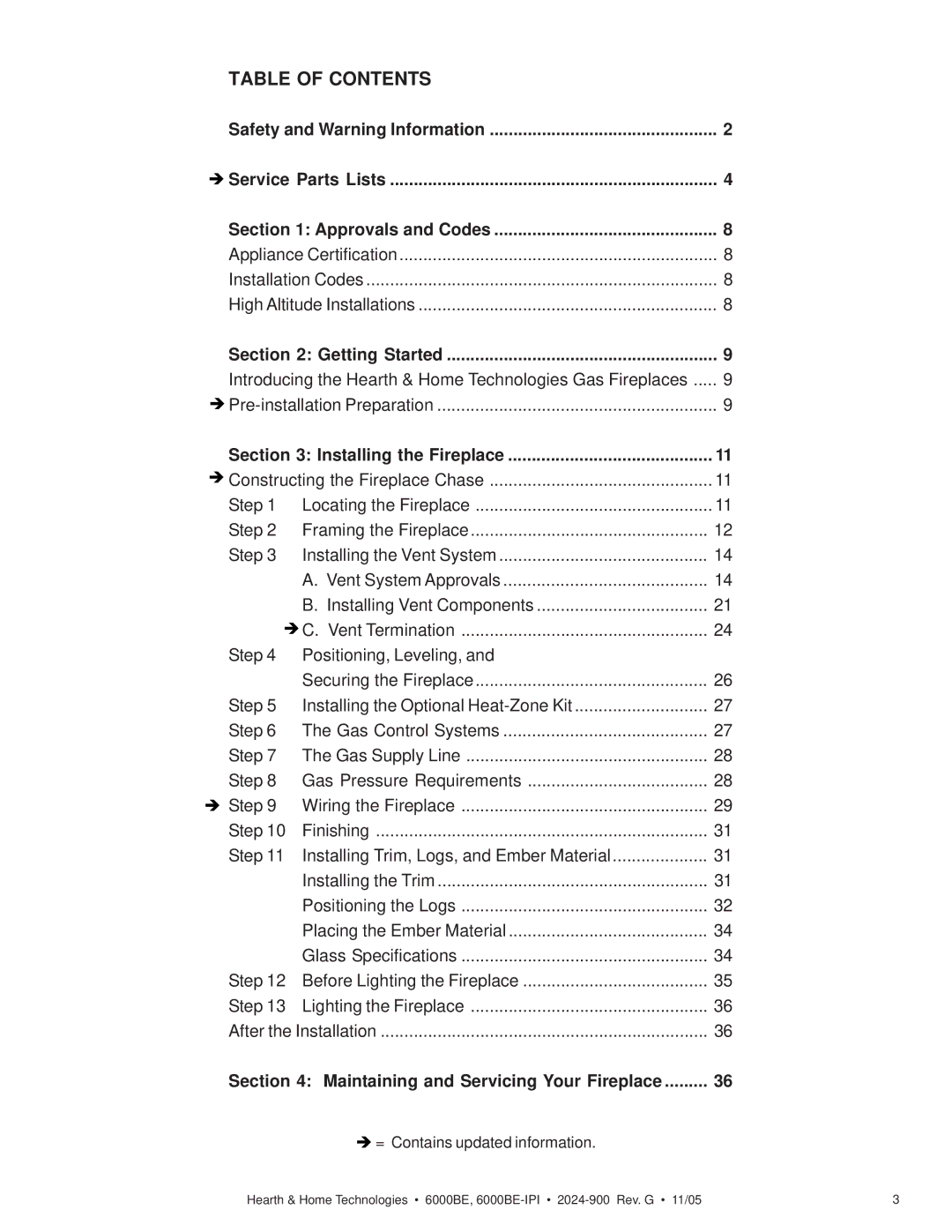 Hearth and Home Technologies 6000BE owner manual Table of Contents 