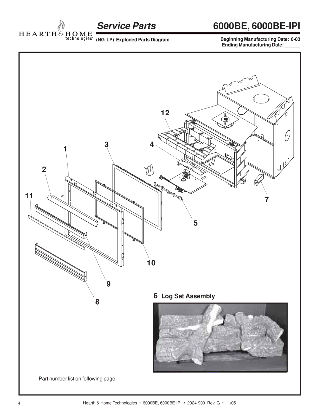 Hearth and Home Technologies 6000BE owner manual Service Parts, Log Set Assembly 