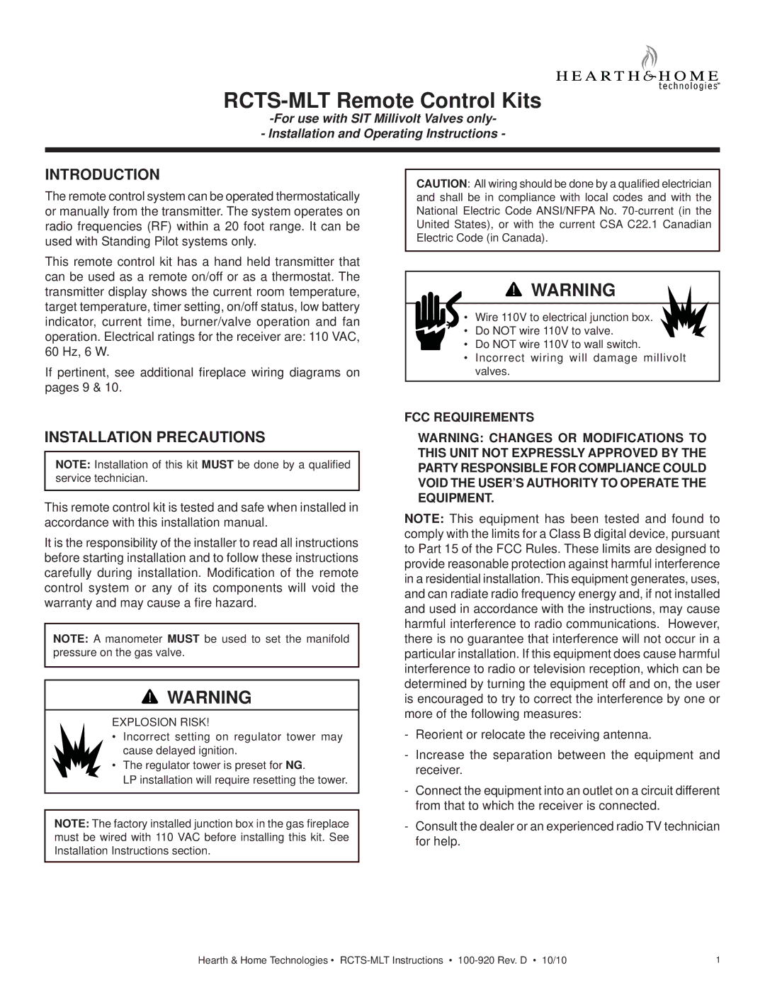 Hearth and Home Technologies 6000C-LP operating instructions RCTS-MLT Remote Control Kits 