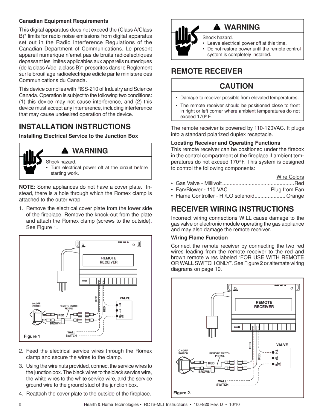 Hearth and Home Technologies 6000C-LP Installation Instructions, Remote Receiver, Receiver Wiring Instructions 