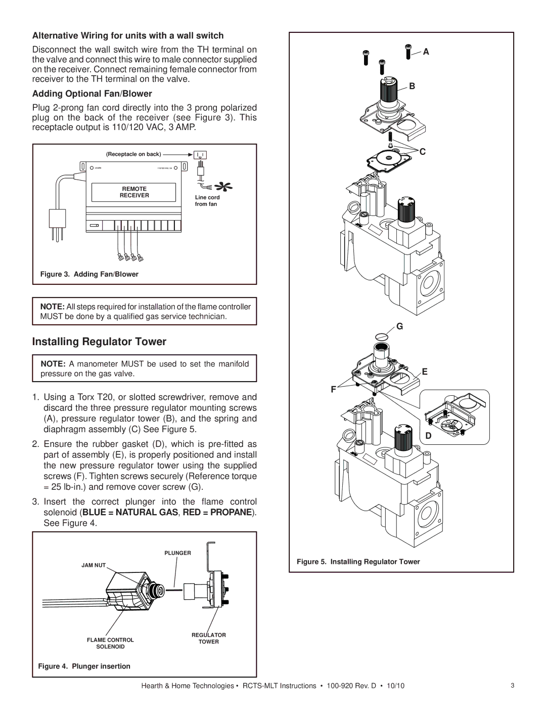 Hearth and Home Technologies 6000C-LP Installing Regulator Tower, Alternative Wiring for units with a wall switch 