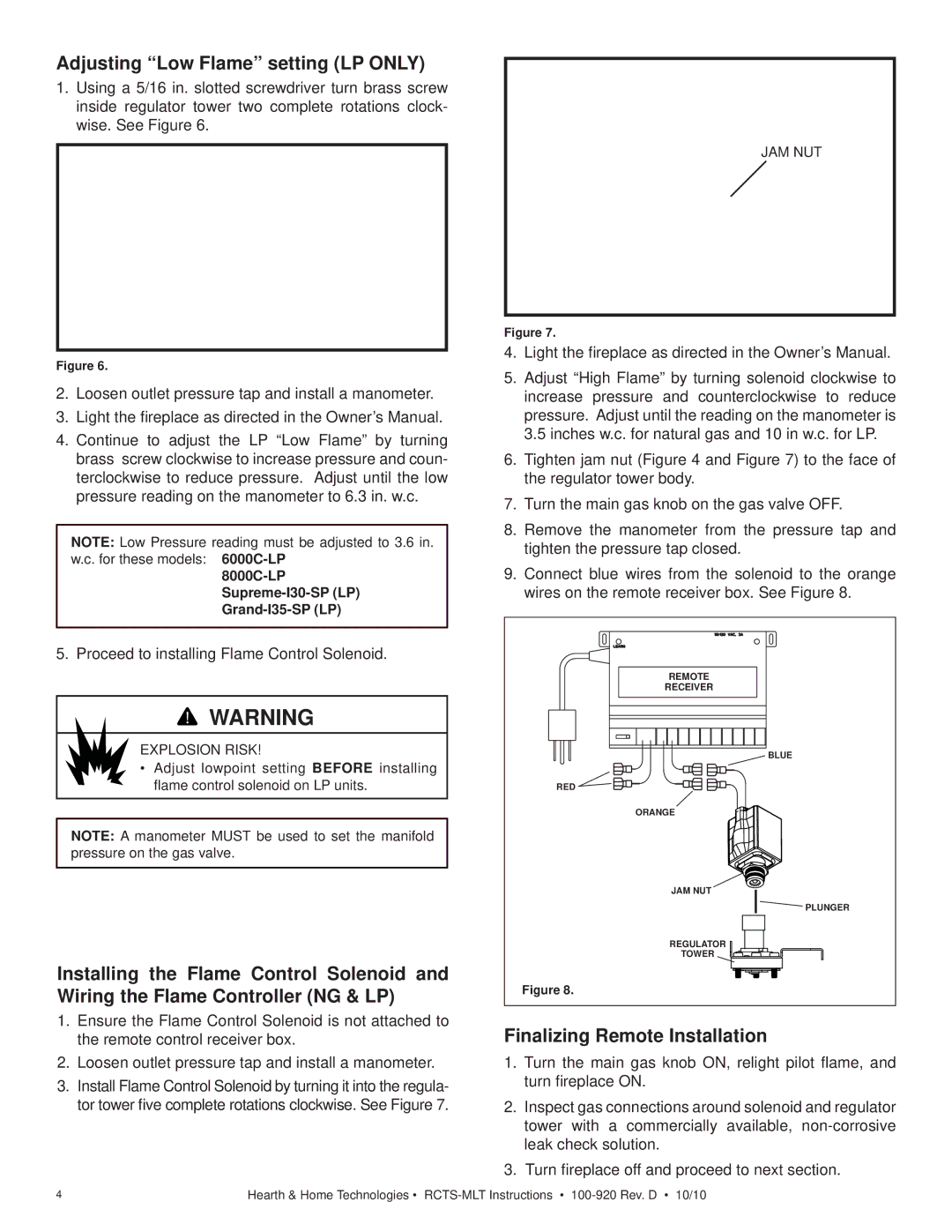 Hearth and Home Technologies 6000C-LP Adjusting Low Flame setting LP only, Finalizing Remote Installation 