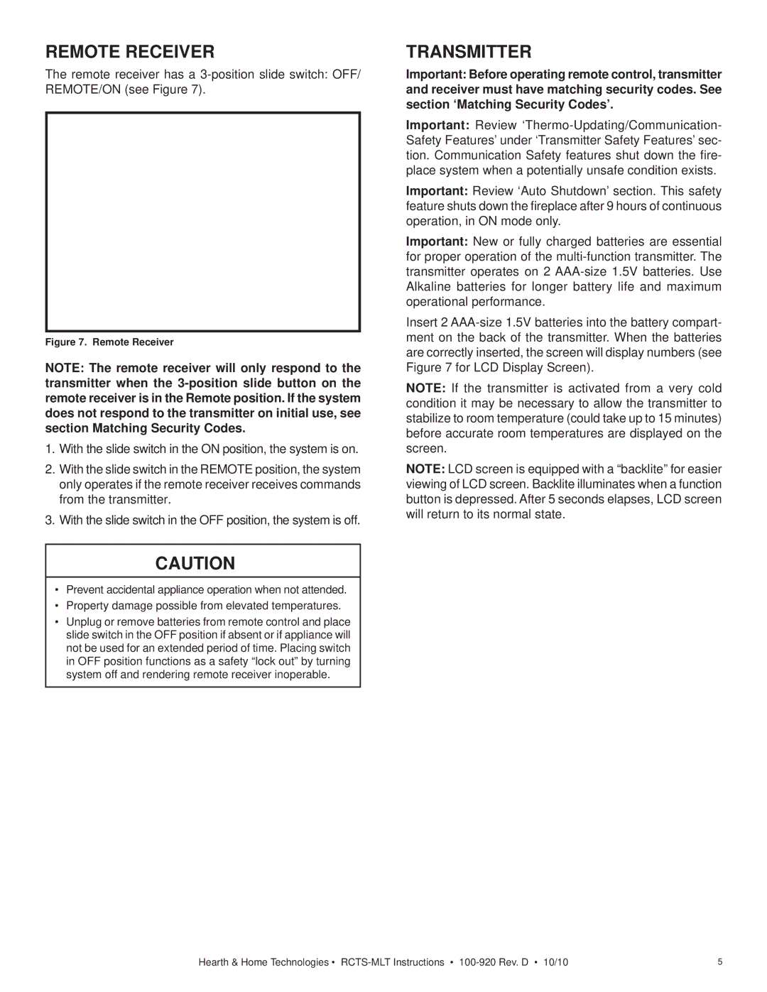 Hearth and Home Technologies 6000C-LP operating instructions Transmitter, Remote Receiver 