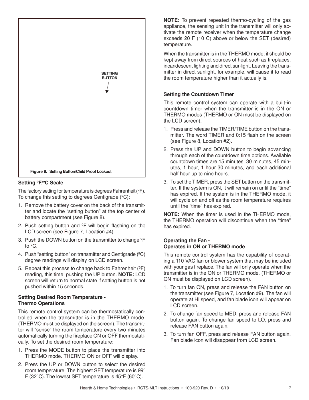 Hearth and Home Technologies 6000C-LP Setting ºF/ºC Scale, Setting Desired Room Temperature Thermo Operations 