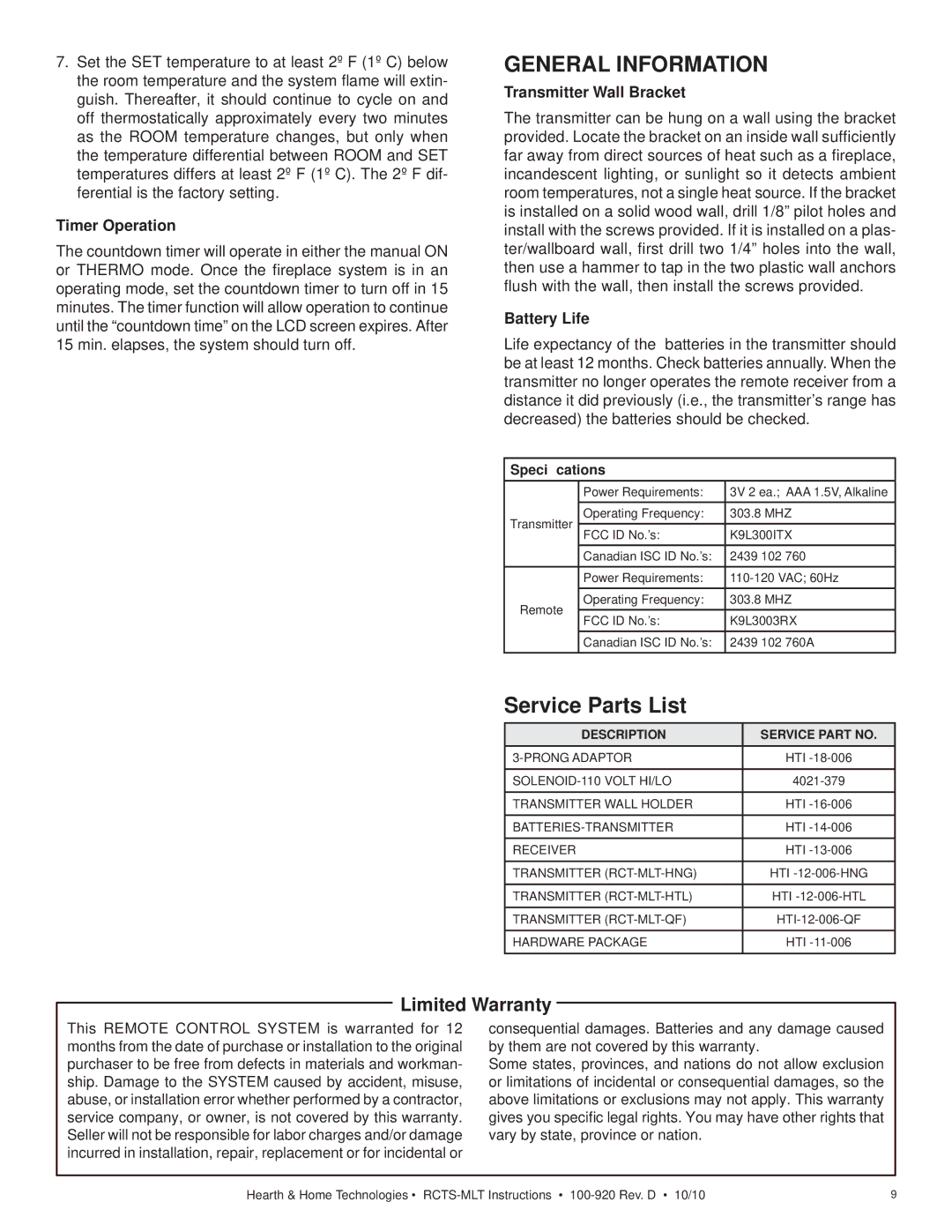 Hearth and Home Technologies 6000C-LP General Information, Limited Warranty, Timer Operation, Transmitter Wall Bracket 