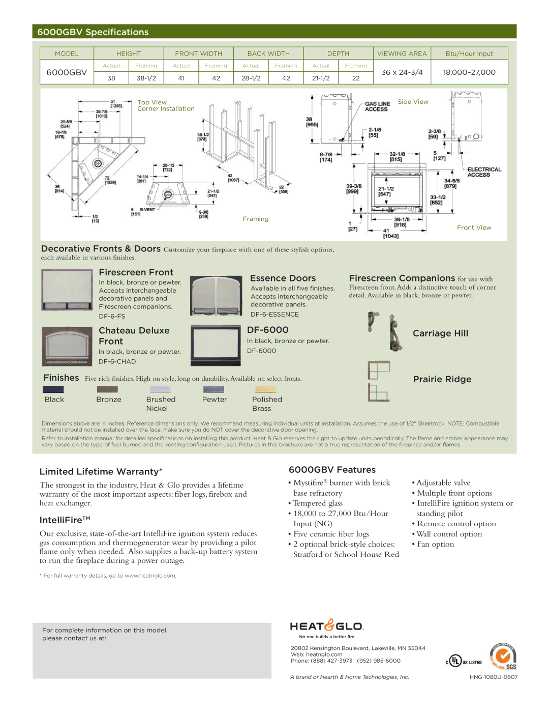 Hearth and Home Technologies 6000GBV manual Firescreen Front, Chateau Deluxe Front, Essence Doors, DF-6000, Carriage Hill 