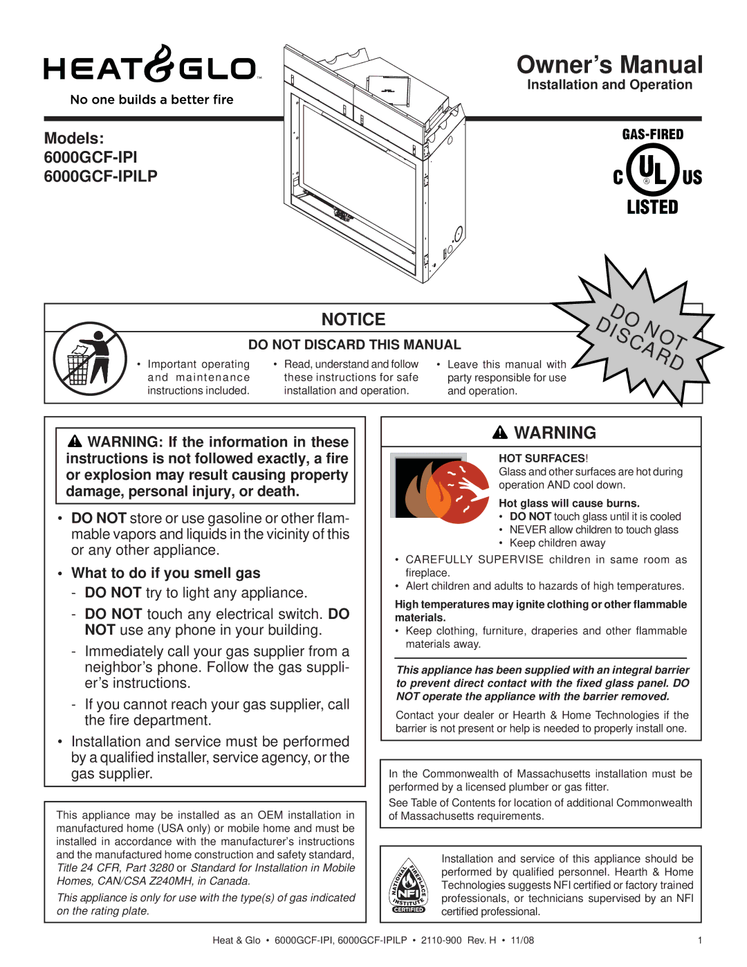 Hearth and Home Technologies 6000GCF-IPIL owner manual What to do if you smell gas, HOT Surfaces 