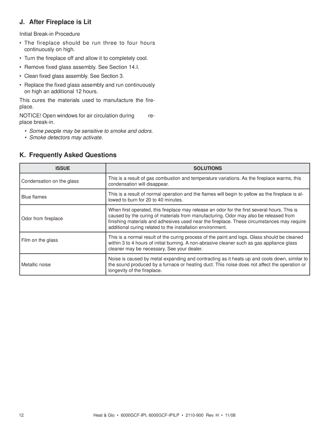 Hearth and Home Technologies 6000GCF-IPIL owner manual After Fireplace is Lit, Frequently Asked Questions, Issue Solutions 