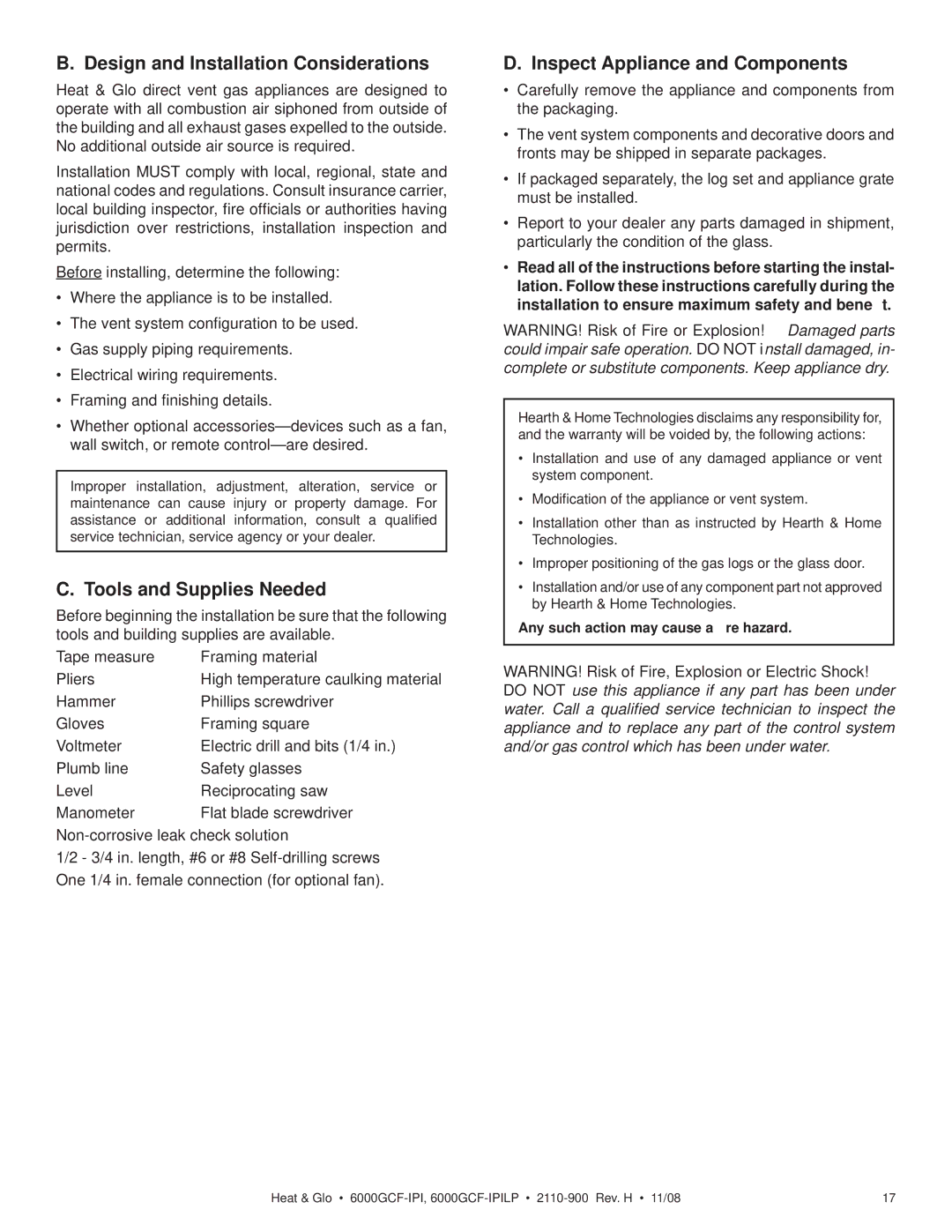 Hearth and Home Technologies 6000GCF-IPIL owner manual Design and Installation Considerations, Tools and Supplies Needed 