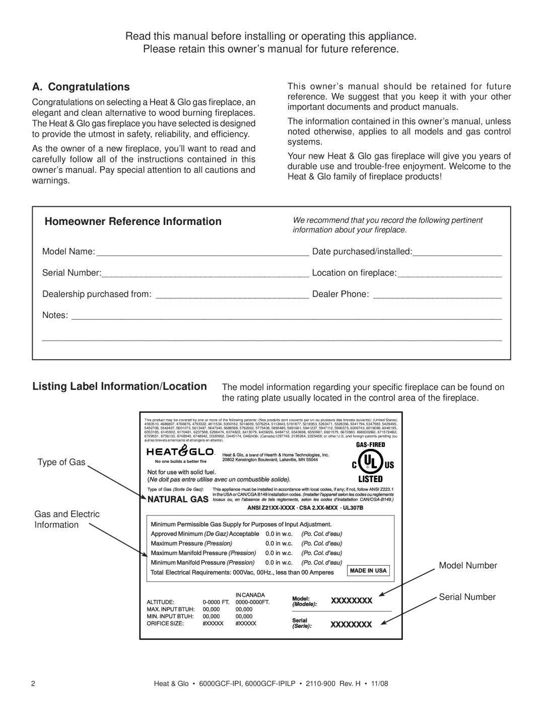 Hearth and Home Technologies 6000GCF-IPIL owner manual Congratulations, Homeowner Reference Information, Xxxxxxxx 