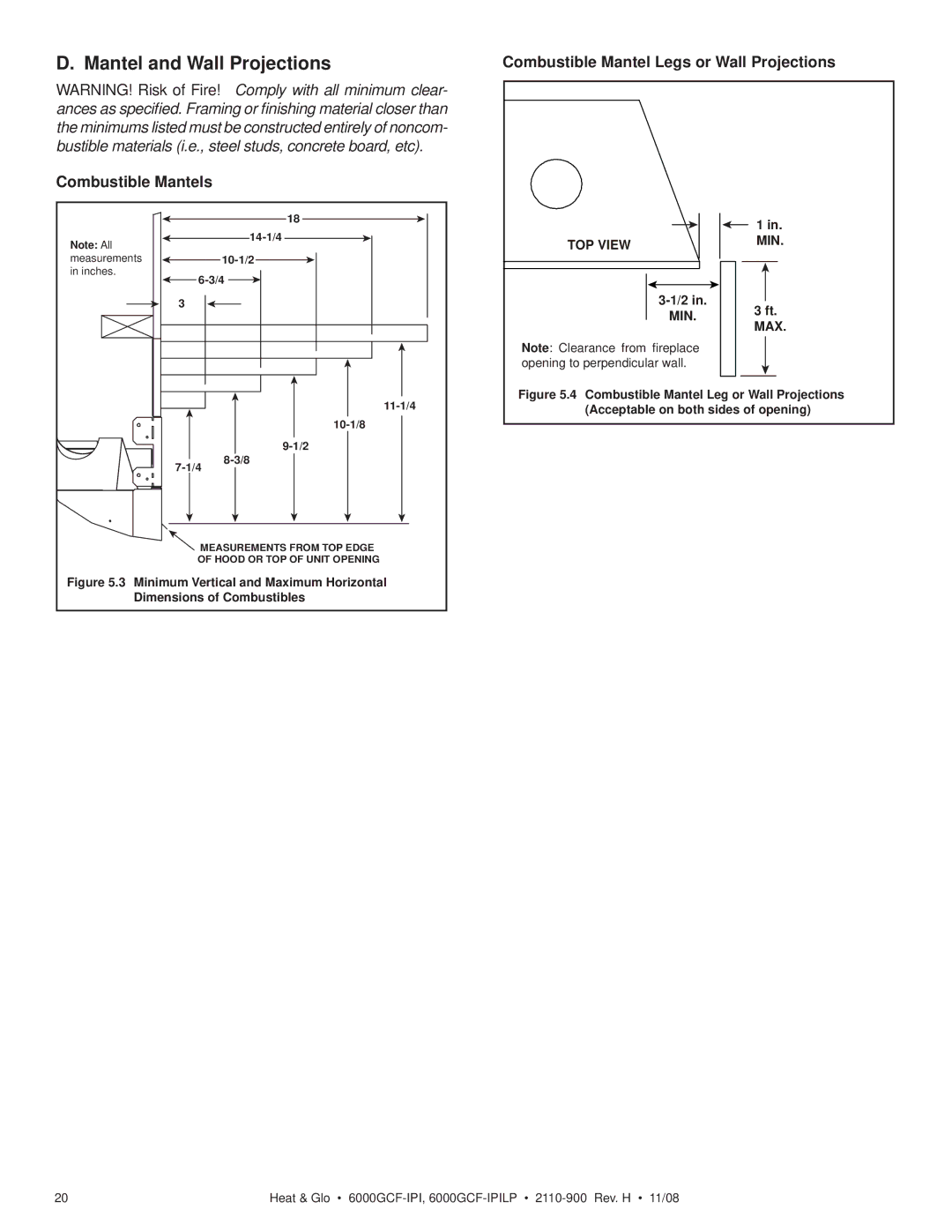 Hearth and Home Technologies 6000GCF-IPIL owner manual Mantel and Wall Projections, Combustible Mantels 