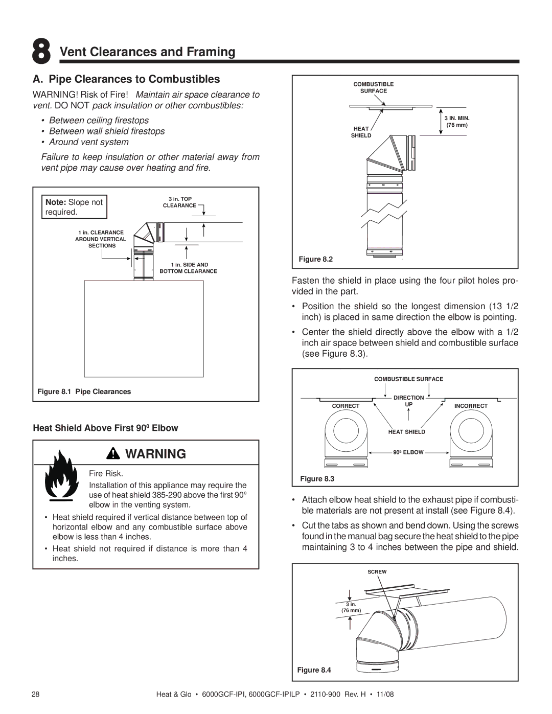 Hearth and Home Technologies 6000GCF-IPIL owner manual Vent Clearances and Framing, Pipe Clearances to Combustibles 