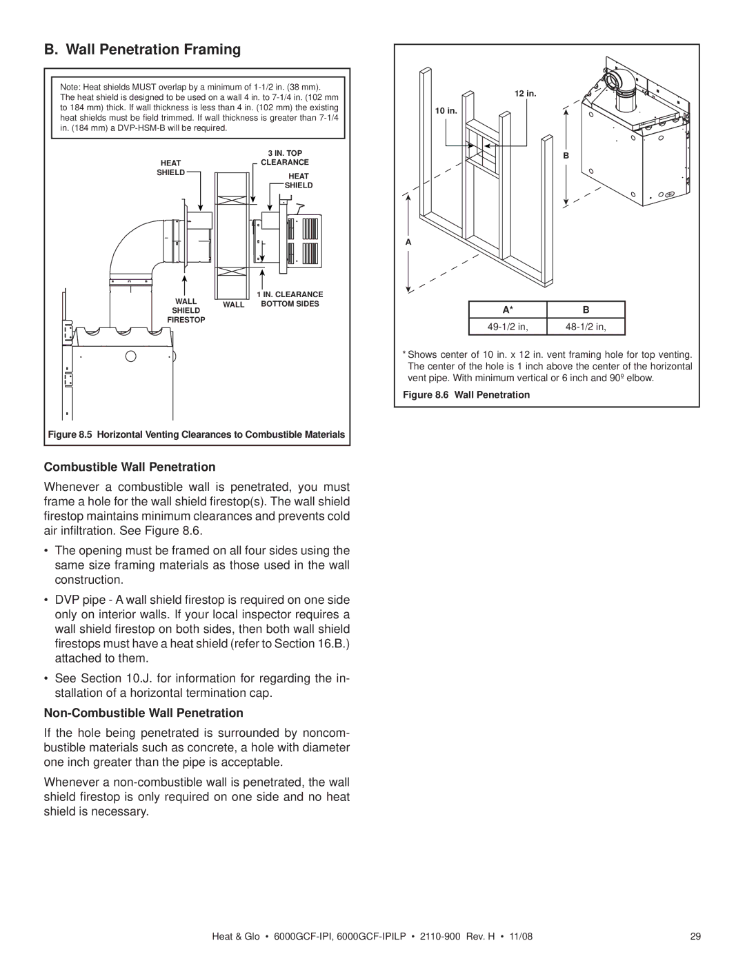 Hearth and Home Technologies 6000GCF-IPIL owner manual Wall Penetration Framing, Combustible Wall Penetration 