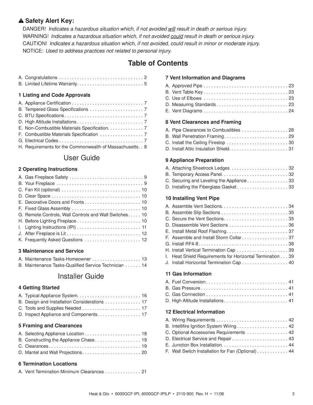 Hearth and Home Technologies 6000GCF-IPIL owner manual Table of Contents, User Guide 