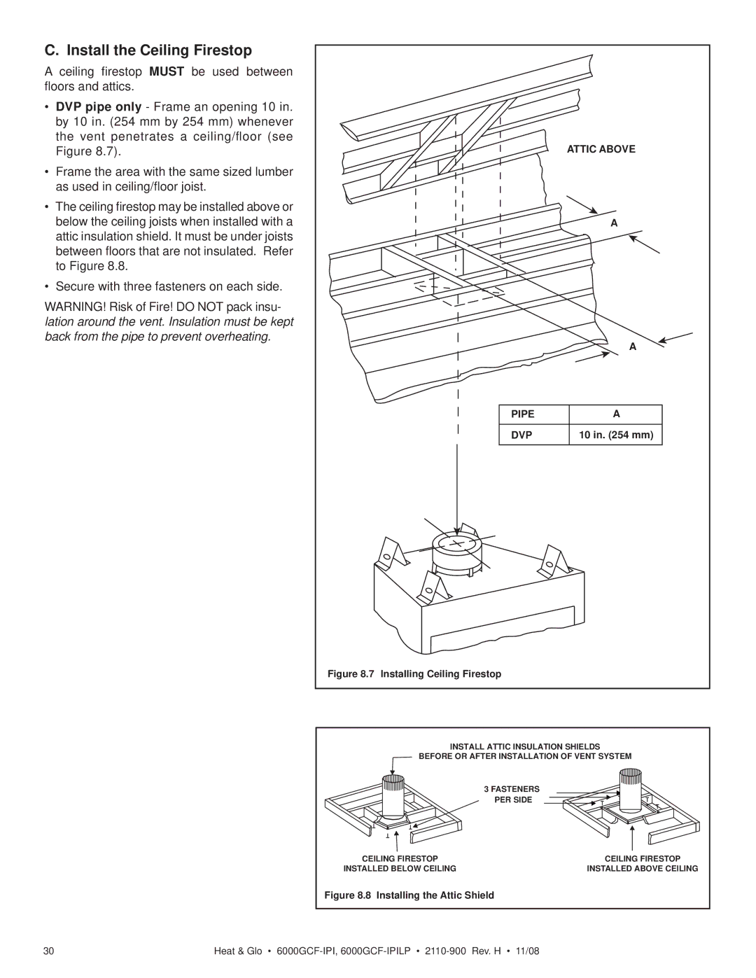 Hearth and Home Technologies 6000GCF-IPIL owner manual Install the Ceiling Firestop, Pipe DVP 