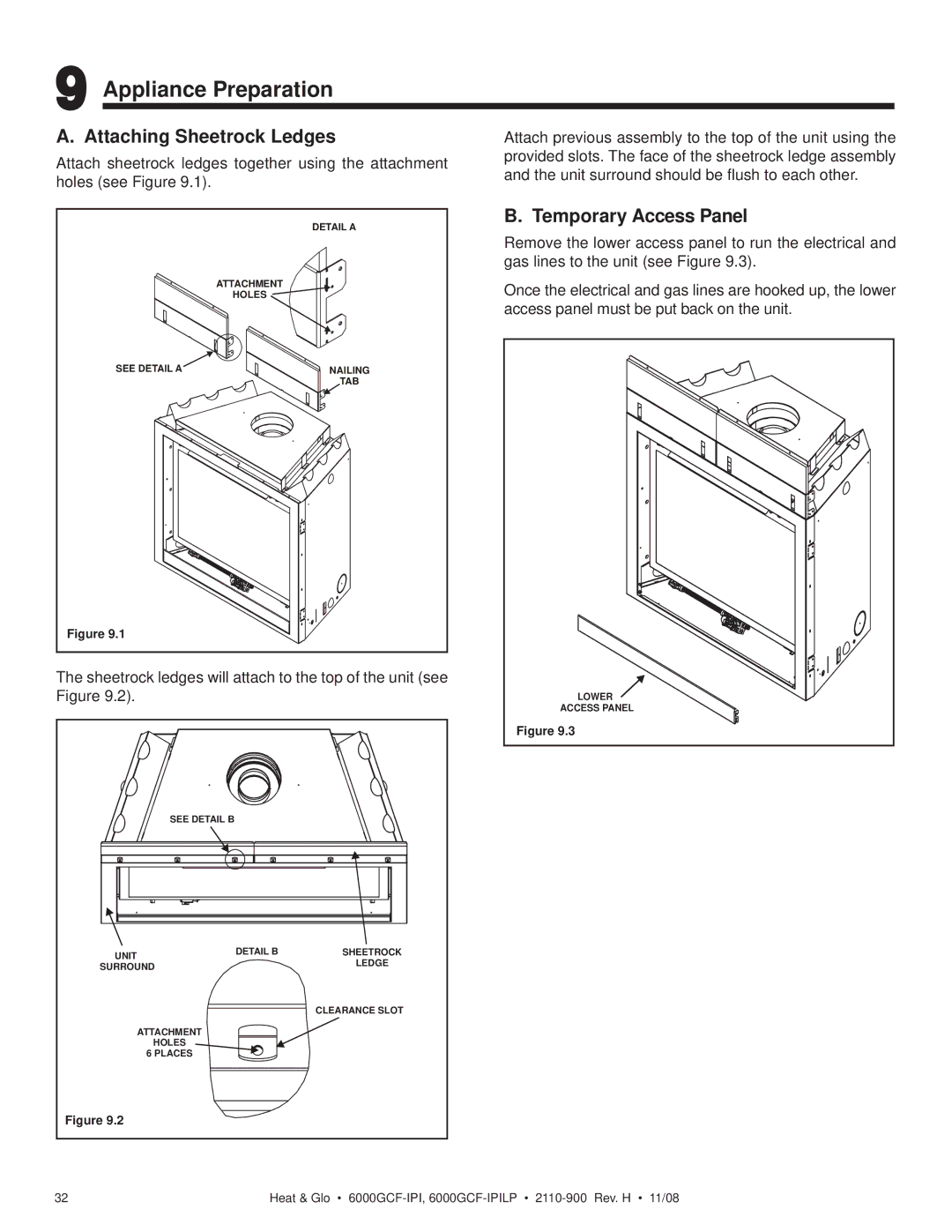 Hearth and Home Technologies 6000GCF-IPIL Appliance Preparation, Attaching Sheetrock Ledges, Temporary Access Panel 