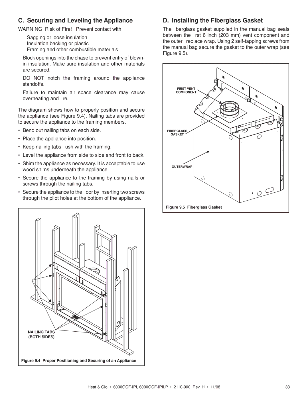 Hearth and Home Technologies 6000GCF-IPI owner manual Securing and Leveling the Appliance, Installing the Fiberglass Gasket 