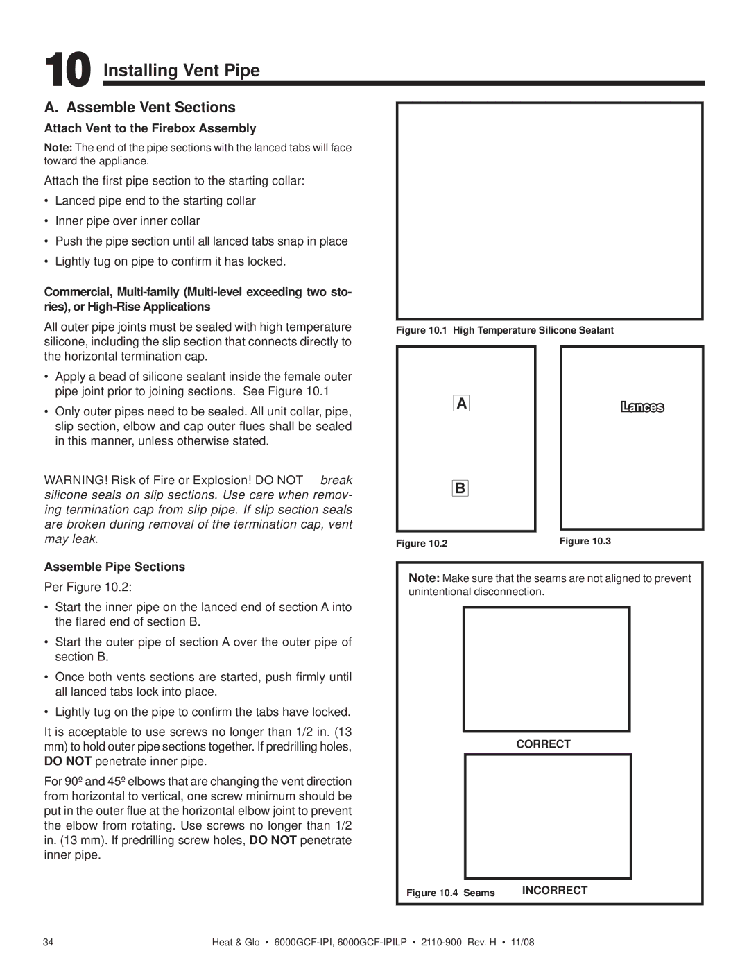 Hearth and Home Technologies 6000GCF-IPIL owner manual Installing Vent Pipe, Assemble Vent Sections, Assemble Pipe Sections 