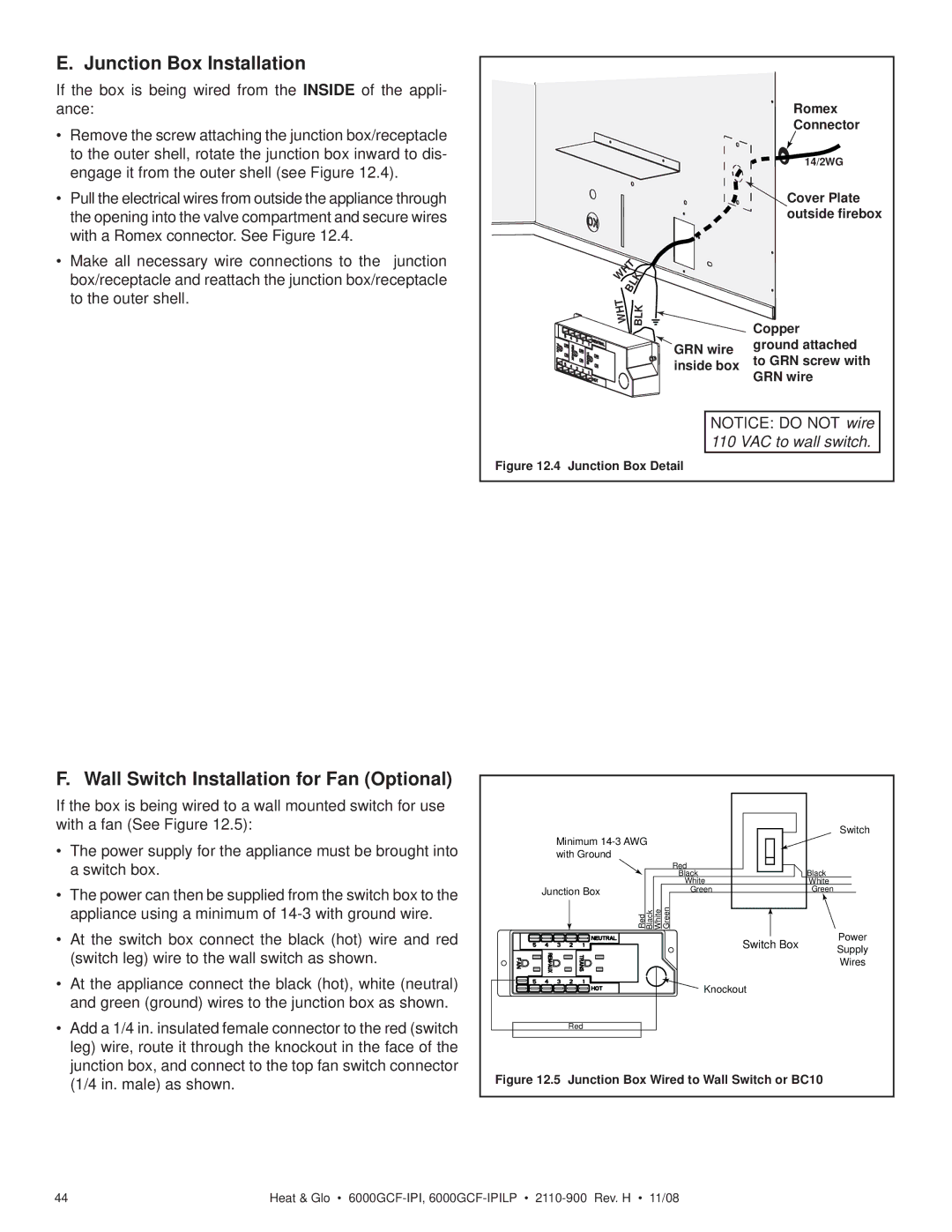 Hearth and Home Technologies 6000GCF-IPIL owner manual Junction Box Installation, Wall Switch Installation for Fan Optional 