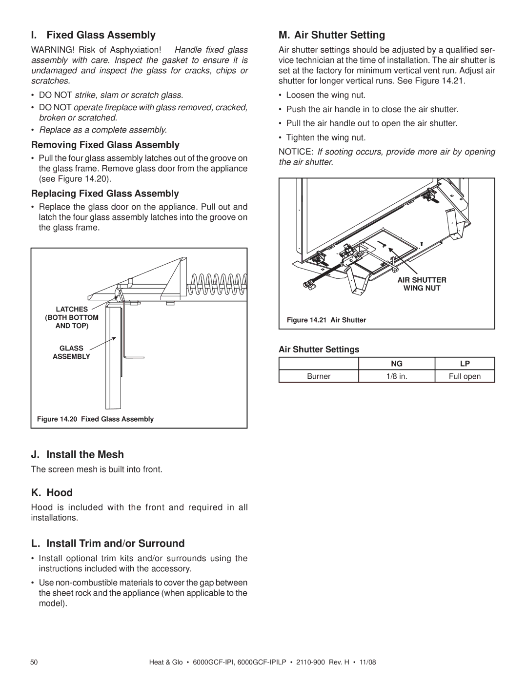 Hearth and Home Technologies 6000GCF-IPIL Install the Mesh, Hood, Install Trim and/or Surround, Air Shutter Setting 