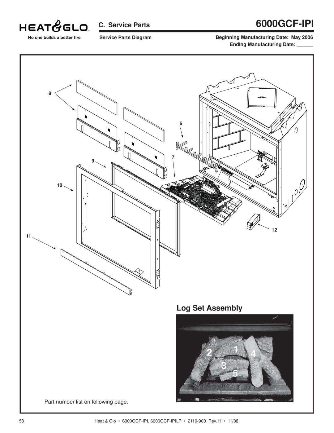 Hearth and Home Technologies 6000GCF-IPIL owner manual Log Set Assembly, Service Parts 