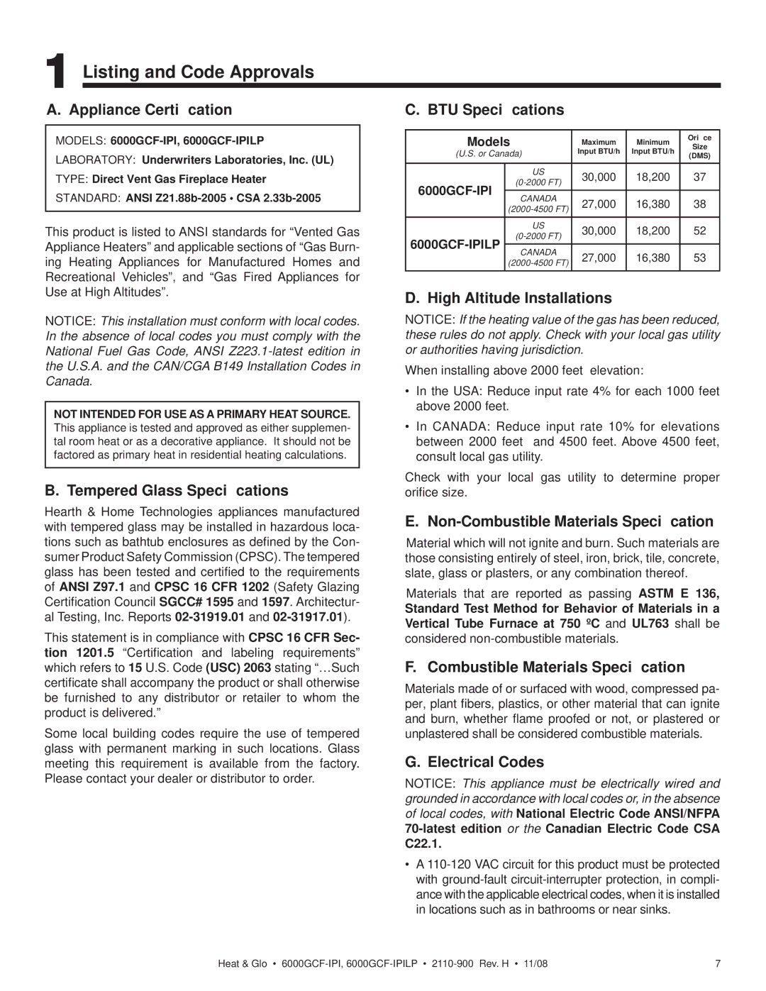 Hearth and Home Technologies 6000GCF-IPIL owner manual Listing and Code Approvals 