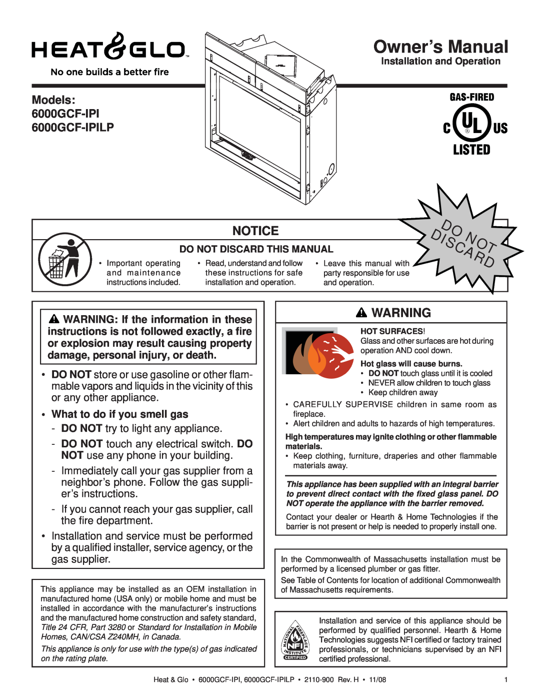 Hearth and Home Technologies 6000GCF-IPIL owner manual What to do if you smell gas, Owner’s Manual 