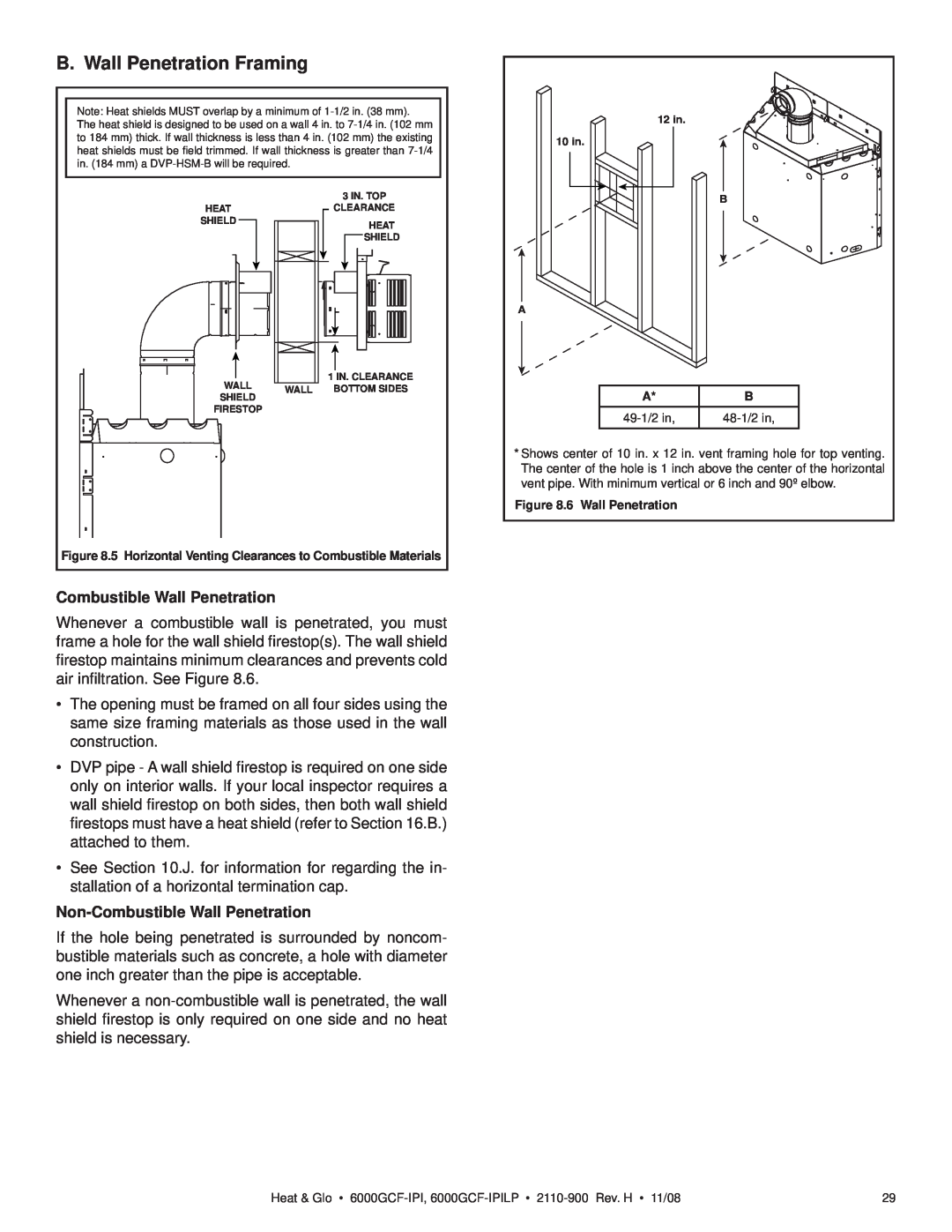 Hearth and Home Technologies 6000GCF-IPIL owner manual B. Wall Penetration Framing, Combustible Wall Penetration 